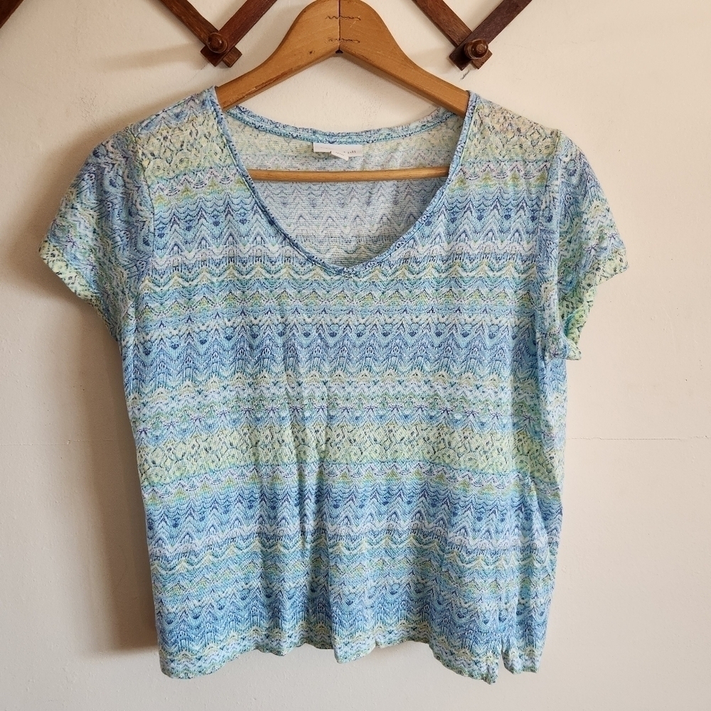 J Jill Love Linen Lightweight Short Sleeve Tee Blue Green Pattern Small Petite P